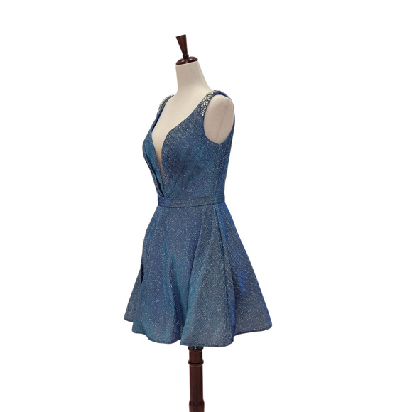 NWT Women's Short A Line Sparkle Gown with Deep V Neck and Jeweled Straps - Picture 5 of 7